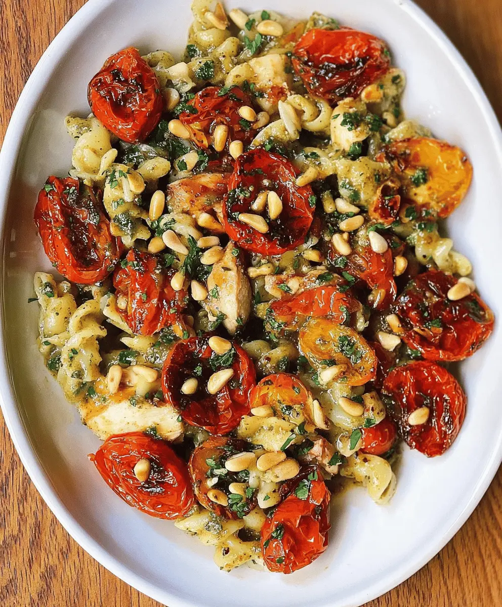 Easy Chicken Pesto Pasta with Roasted Tomatoes and Pine Nuts