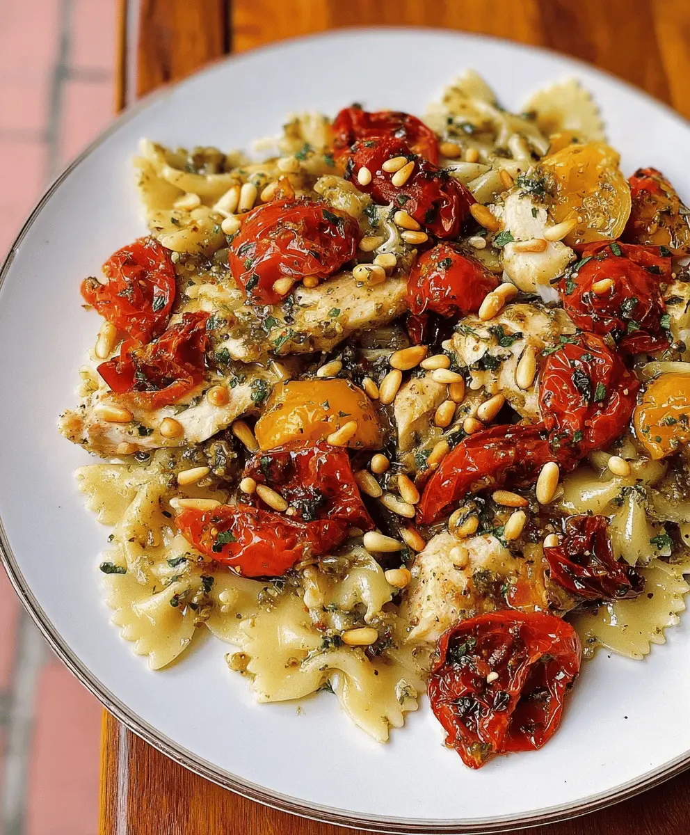 Easy Chicken Pesto Pasta with Roasted Tomatoes and Pine Nuts
