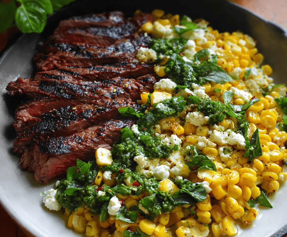 Easy Flank Steak with Corn, Feta & Spinach Sauce