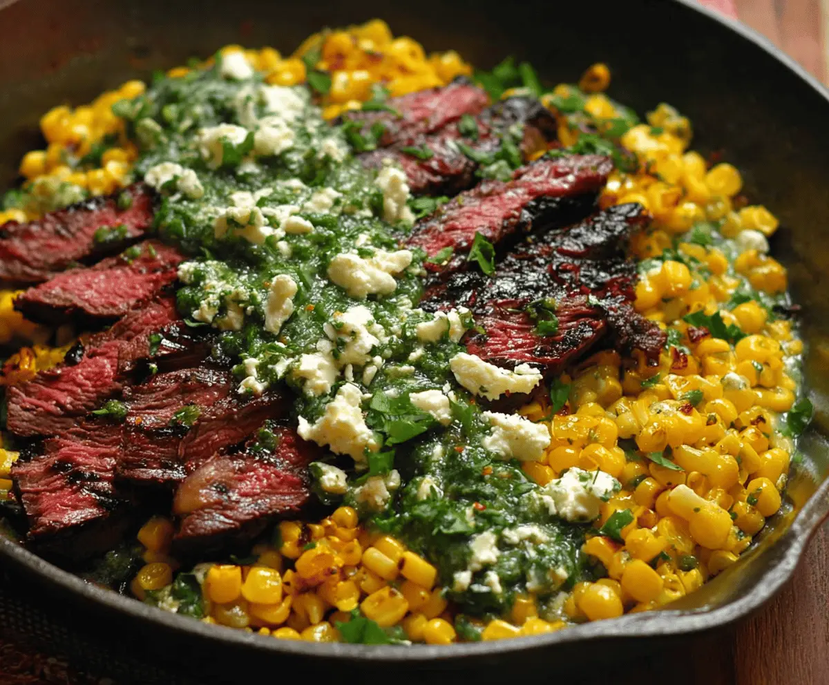 Easy Flank Steak with Corn, Feta & Spinach Sauce