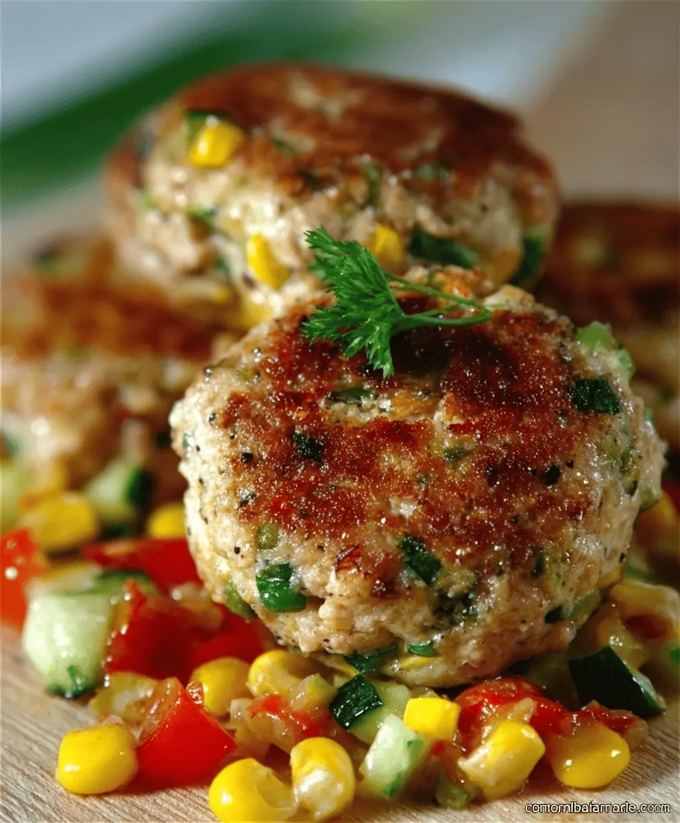Healthy Chicken Zucchini Corn Burgers with Fresh Tomato Cucumber Relish