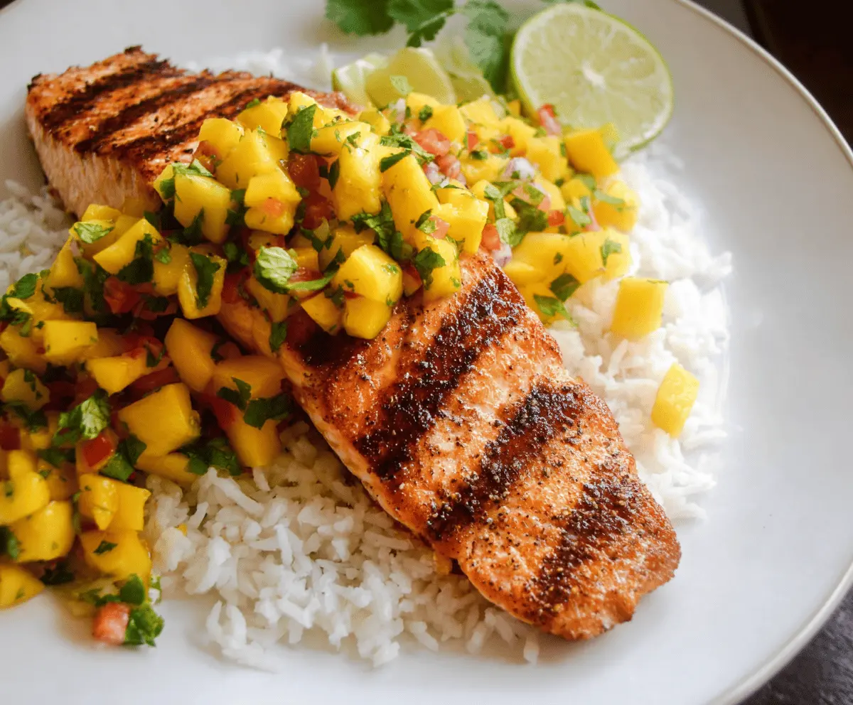 Grilled Salmon With Fresh Mango Salsa and Coconut Rice
