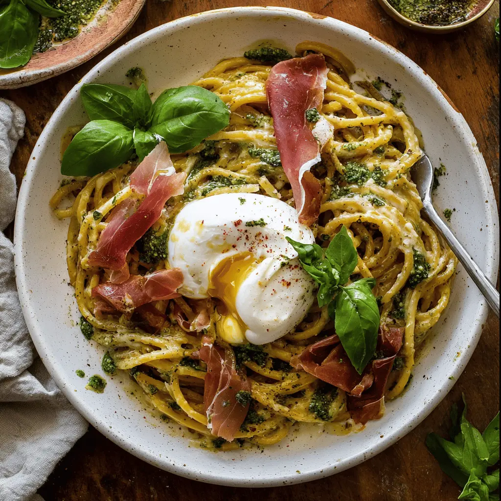Creamy Basil Garlic Pasta with Prosciutto and Burrata