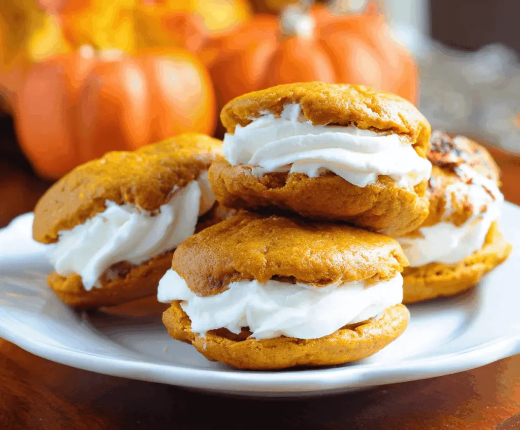 Delicious Amish Pumpkin Whoopie Pies with creamy filling on a rustic plate, perfect for fall desserts.