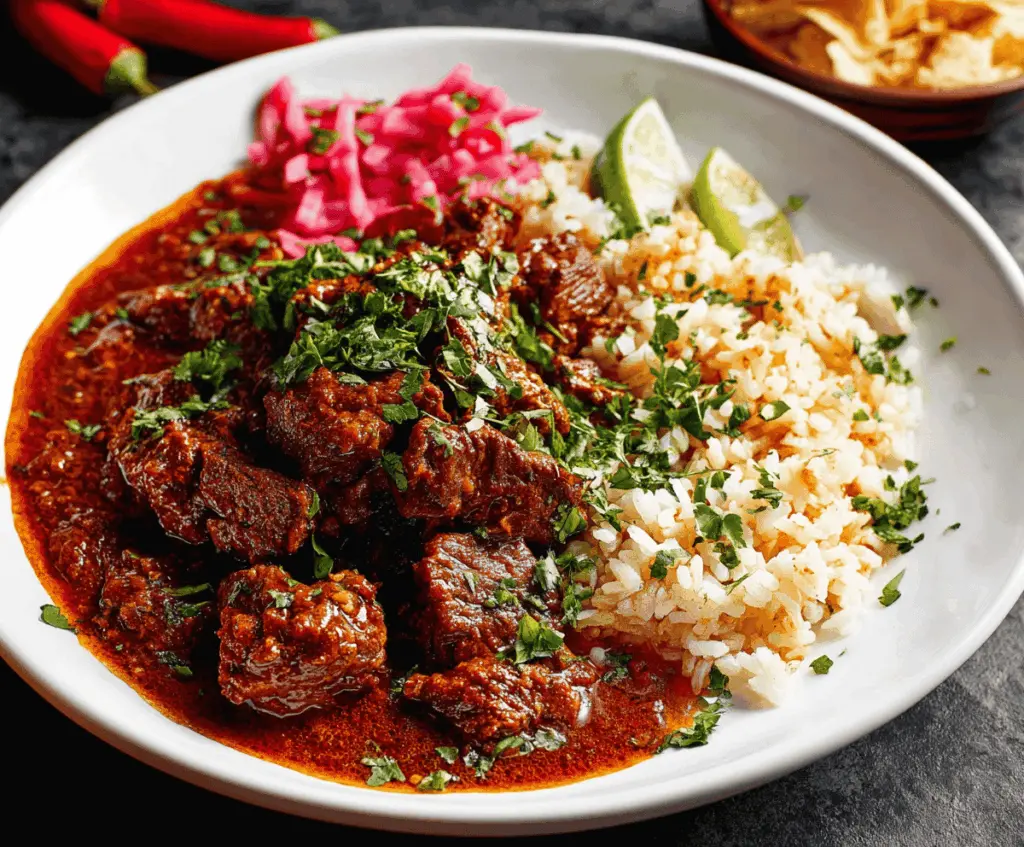 Savory Beef Chile Colorado served with rice and garnished with fresh cilantro on a rustic plate