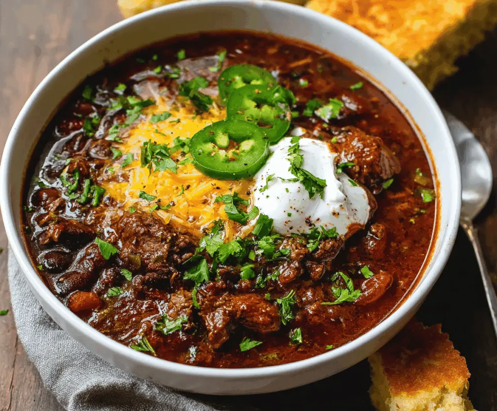 Hearty beef chili in a bowl with beans, tomatoes, and spices, perfect for cozy nights