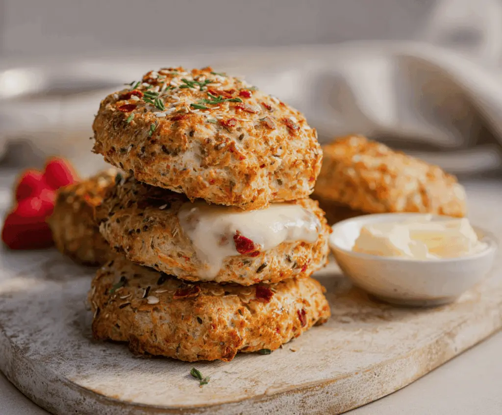 Delicious homemade Breakfast Protein Biscuits on a plate, perfect for a healthy morning snack with high protein content and flaky texture