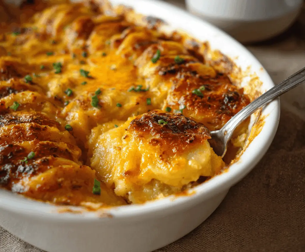 Creamy cheesy scalloped potatoes baked to perfection with golden crust and melted cheese topping.