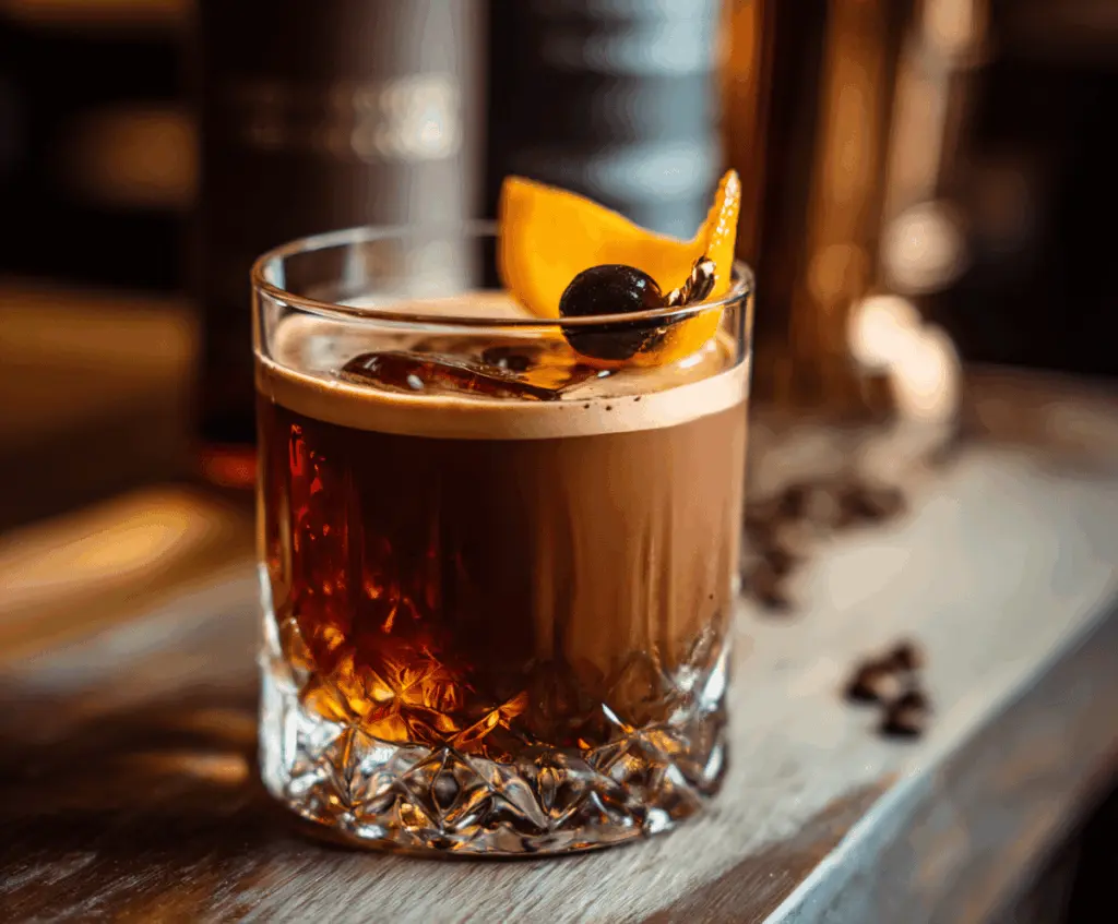 Delicious Chocolate Espresso Old Fashioned cocktail garnished with a cherry and orange peel, served in a glass with chocolate shavings and coffee beans on a stylish bar counter.