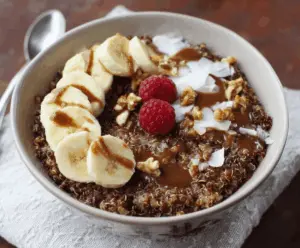 Creamy Chunky Monkey Quinoa Breakfast Bowl topped with banana slices, walnuts, and chocolate chips for a nutritious morning meal