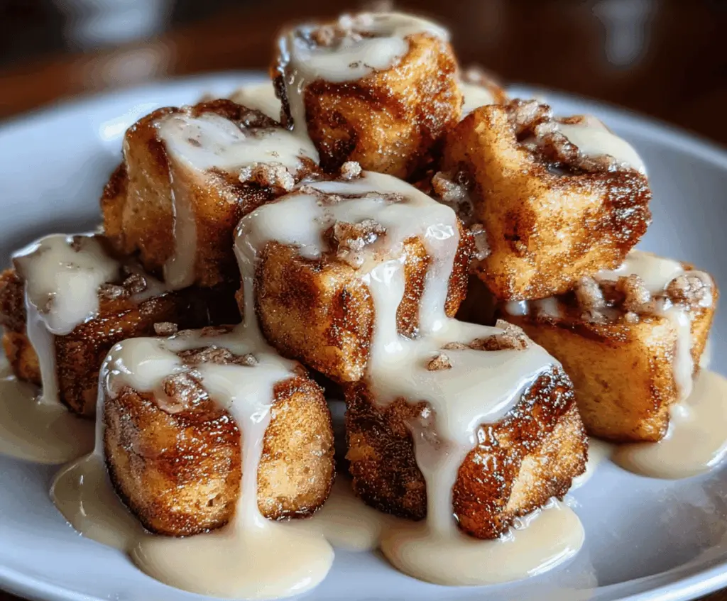 Delicious Cinnamon Roll French Toast Bites topped with icing and cinnamon for a sweet breakfast treat
