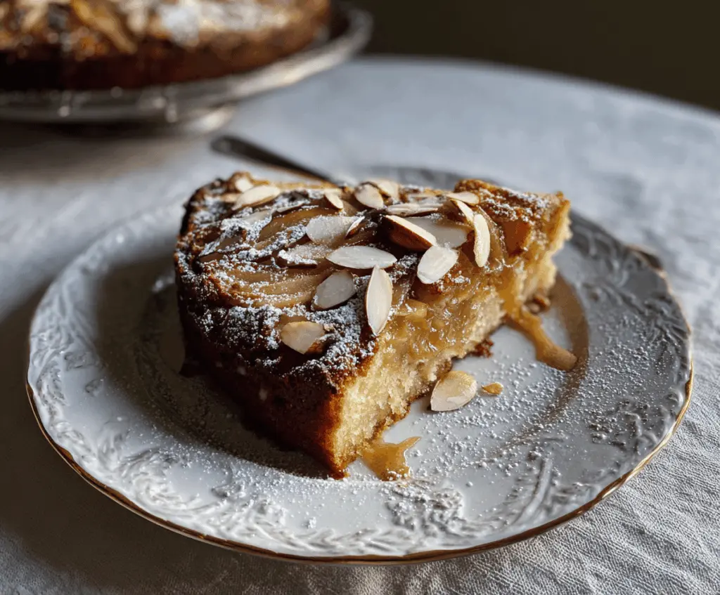 Delicious flourless apple, almond, and cardamom cake topped with fresh apple slices and almonds, perfect for a gluten-free dessert