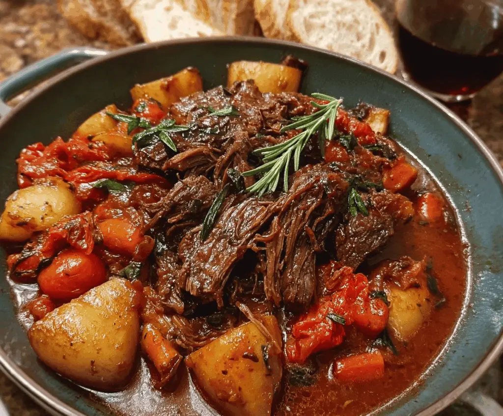 Delicious Italian Pot Roast (Stracotto) with tender beef, vegetables, and rich herbs served on a rustic plate