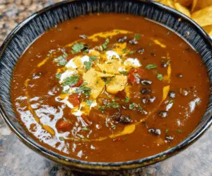 Hearty Mexican Style Black Bean Soup garnished with chopped cilantro and lime wedges, served in a bowl with colorful toppings.