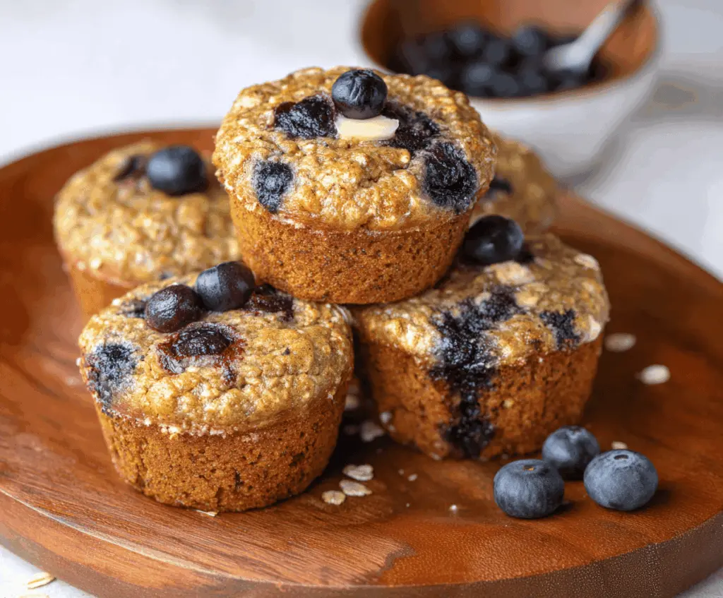 Delicious homemade oatmeal blueberry muffins made without flour, featuring golden tops and fresh blueberries in each muffin