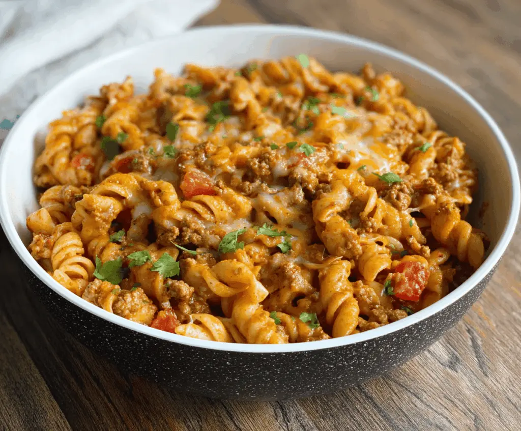 Creamy one-pot cheesy beef taco pasta in a skillet topped with fresh cilantro and shredded cheese, perfect for quick and flavorful taco night dinners.