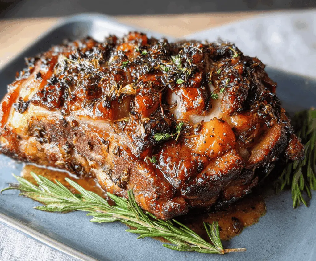Juicy oven-roasted pork butt with crispy crackling served on a white plate, ready to enjoy.