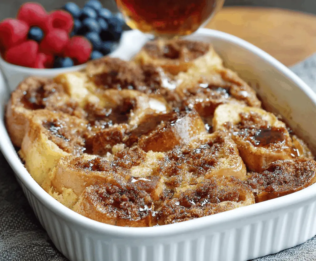 Delicious overnight French toast casserole bake topped with fresh berries and powdered sugar, ready to serve for breakfast or brunch.