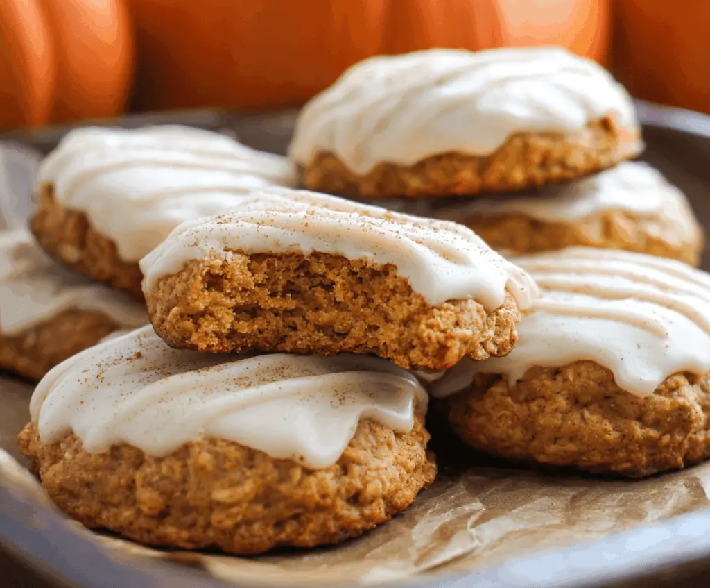 Delicious homemade Pumpkin Oatmeal Cookies topped with cinnamon sugar icing on a rustic plate, perfect for fall baking