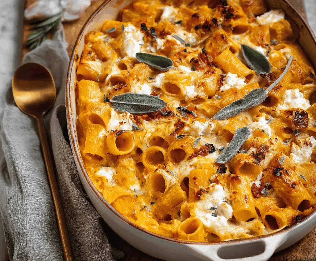 Creamy pumpkin ricotta pasta bake topped with melted cheese and fresh herbs, served in a baking dish for a cozy fall-inspired meal.