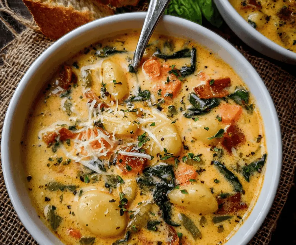 A bowl of creamy, comforting Gnocchi Soup topped with fresh herbs, featuring tender gnocchi, vegetables, and savory broth for a quick and easy meal.