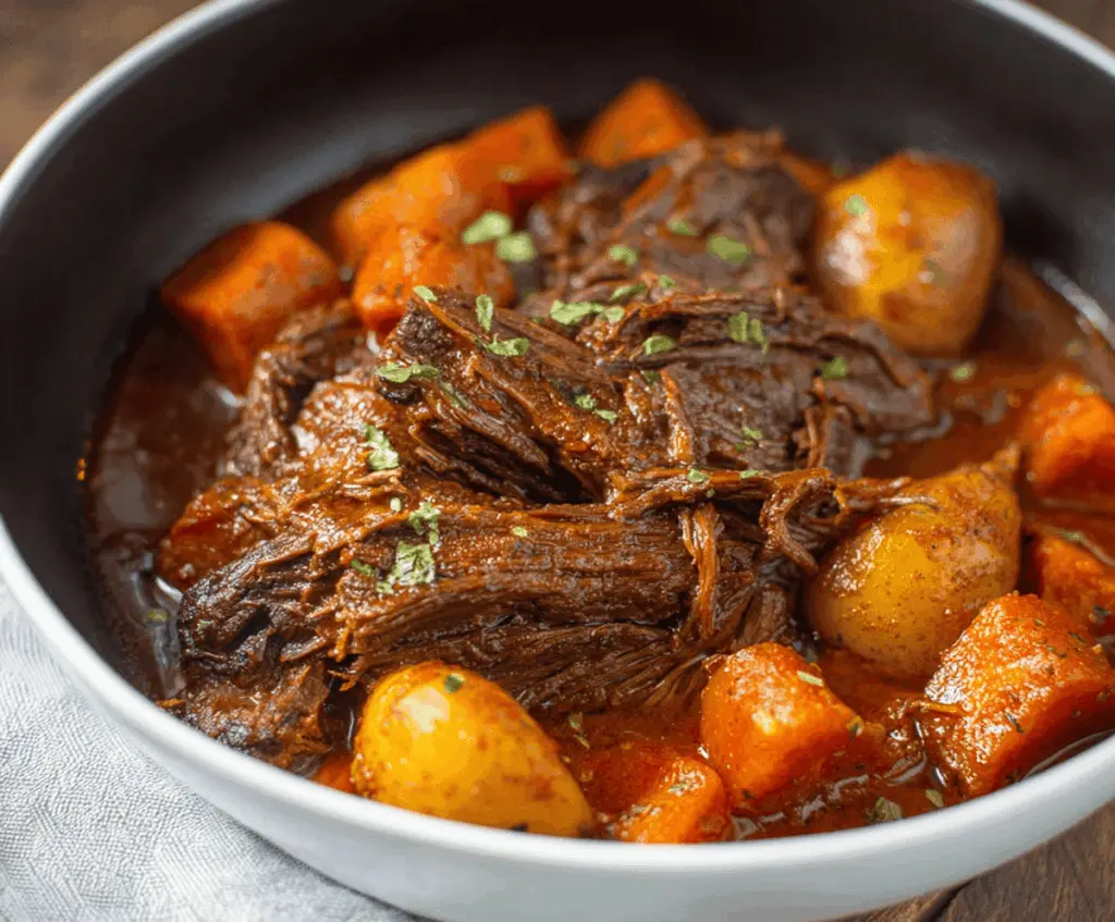 Tender Caribbean-style pot roast cooking in a slow cooker with colorful vegetables and aromatic spices