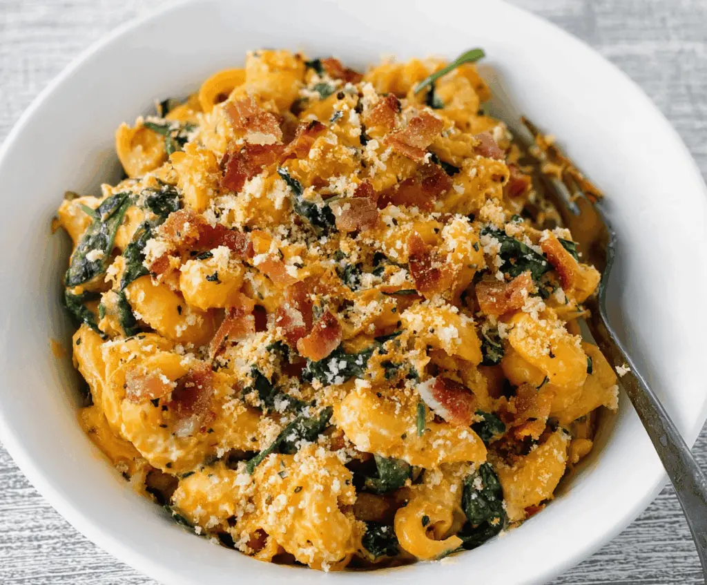 Creamy spinach, crispy bacon, and roasted pumpkin blended into a delicious mac and cheese dish with melted cheese and fresh herbs.