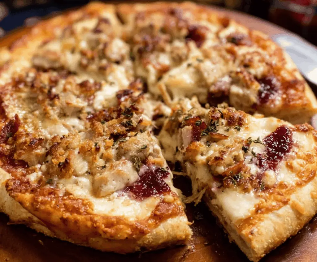Delicious Thanksgiving Pizza topped with turkey, stuffing, cranberries, and fresh herbs on a golden crust
