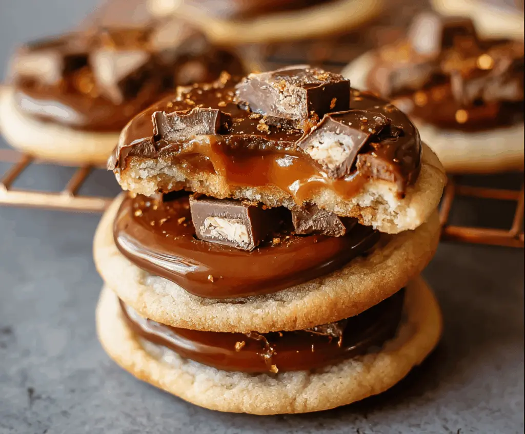 Delicious Ultimate Twix Cookies with caramel, chocolate, and cookie layers on a white plate ready to enjoy