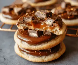 Delicious Ultimate Twix Cookies with caramel, chocolate, and cookie layers on a white plate ready to enjoy
