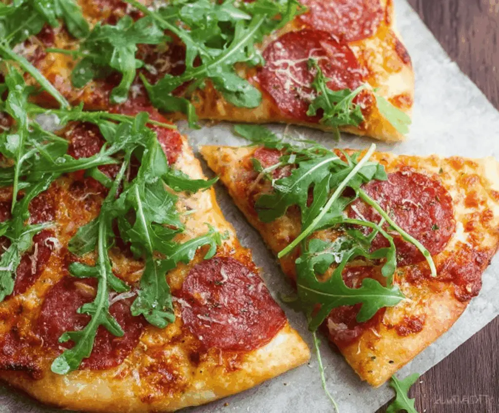 Fresh arugula and sliced salami topping a crispy pizza crust, ready to serve