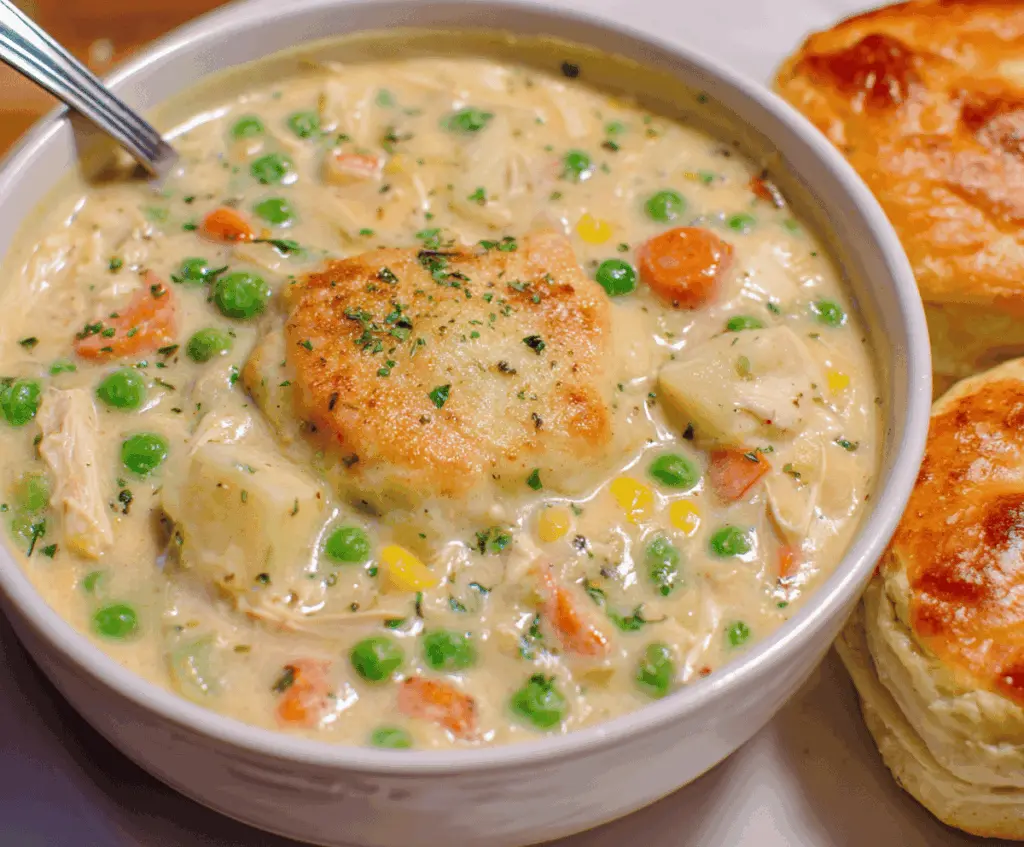 Creamy chicken pot pie soup in a bowl with flaky crust crumbles on top