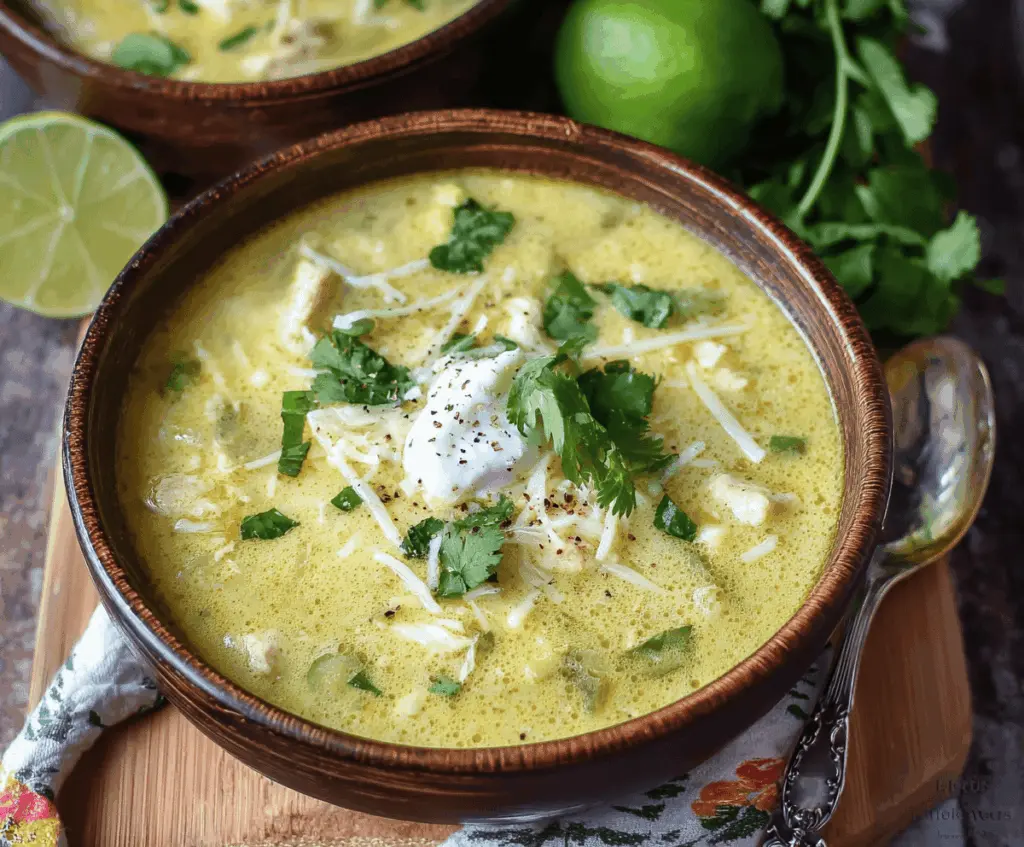Creamy Green Enchiladas Chicken Soup served in a bowl with garnishes, showcasing a vibrant and hearty Mexican-inspired dish