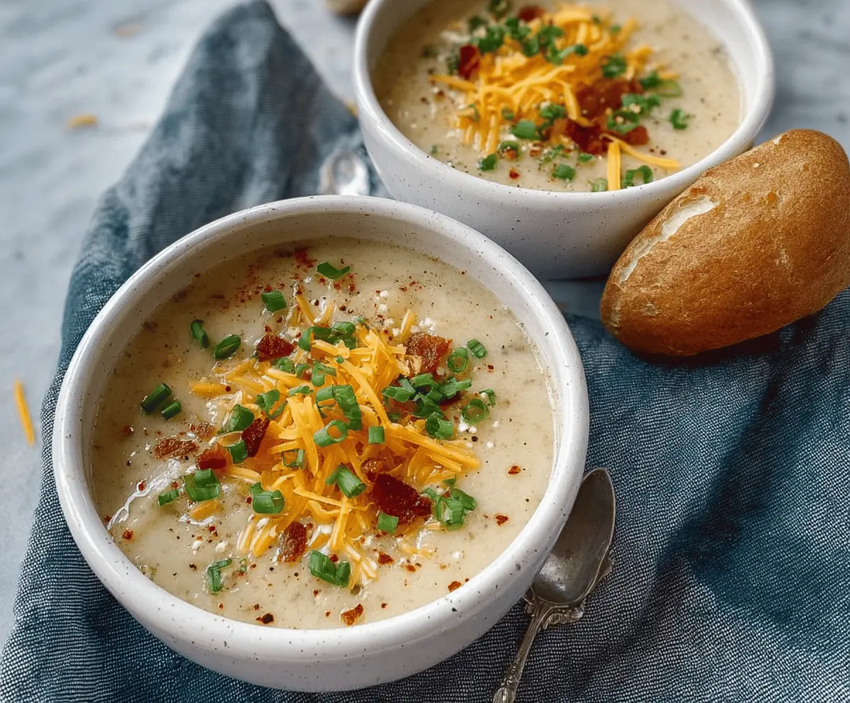 A bowl of creamy rustic potato soup garnished with fresh herbs and served with crusty bread on a wooden table.