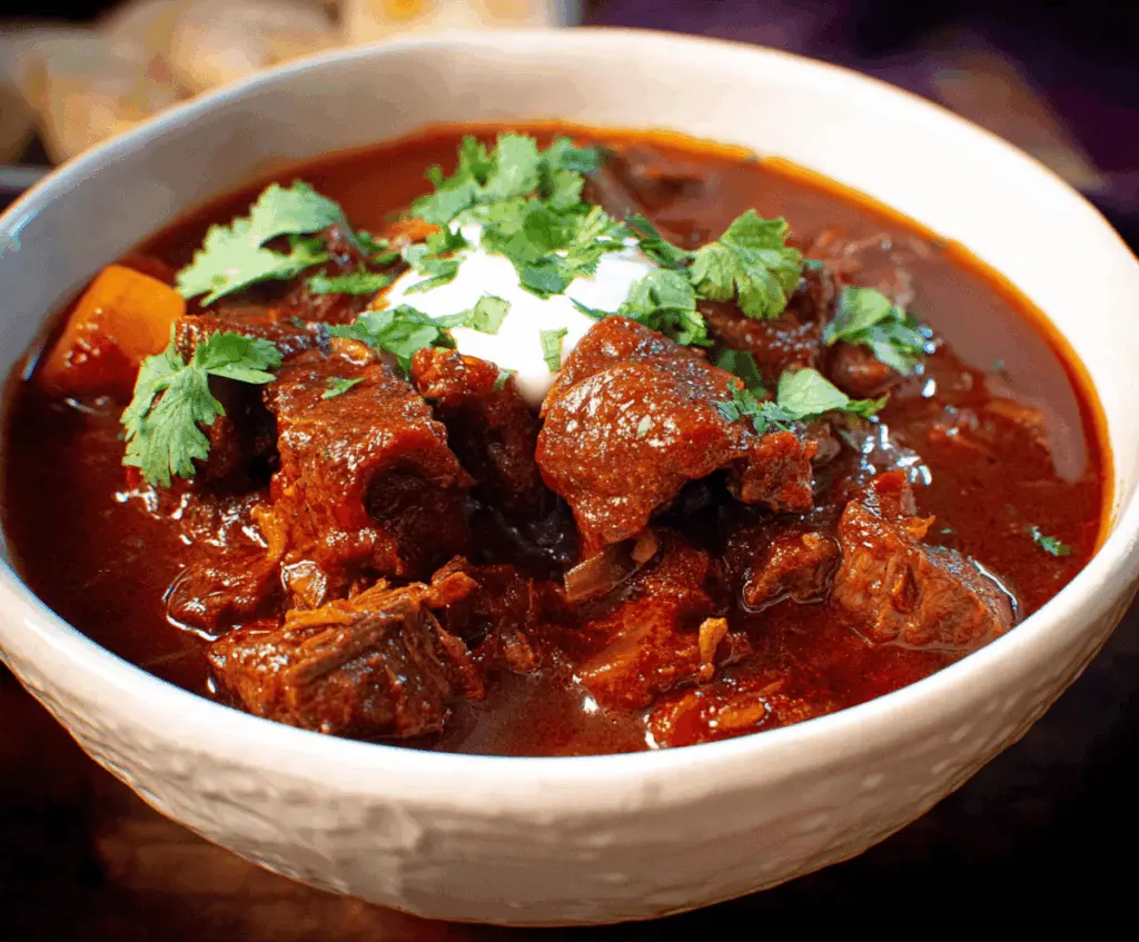Delicious Easy Chili Colorado Inspired Stew in a bowl, featuring tender beef, rich red chili sauce, and fresh garnishes, perfect for a hearty meal.