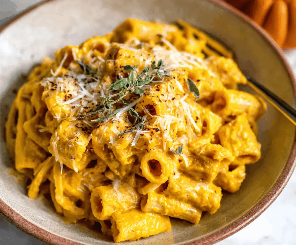 Creamy Parmesan Pumpkin Pasta served on a plate with fresh herbs, highlighting a delicious fall-inspired comfort food dish
