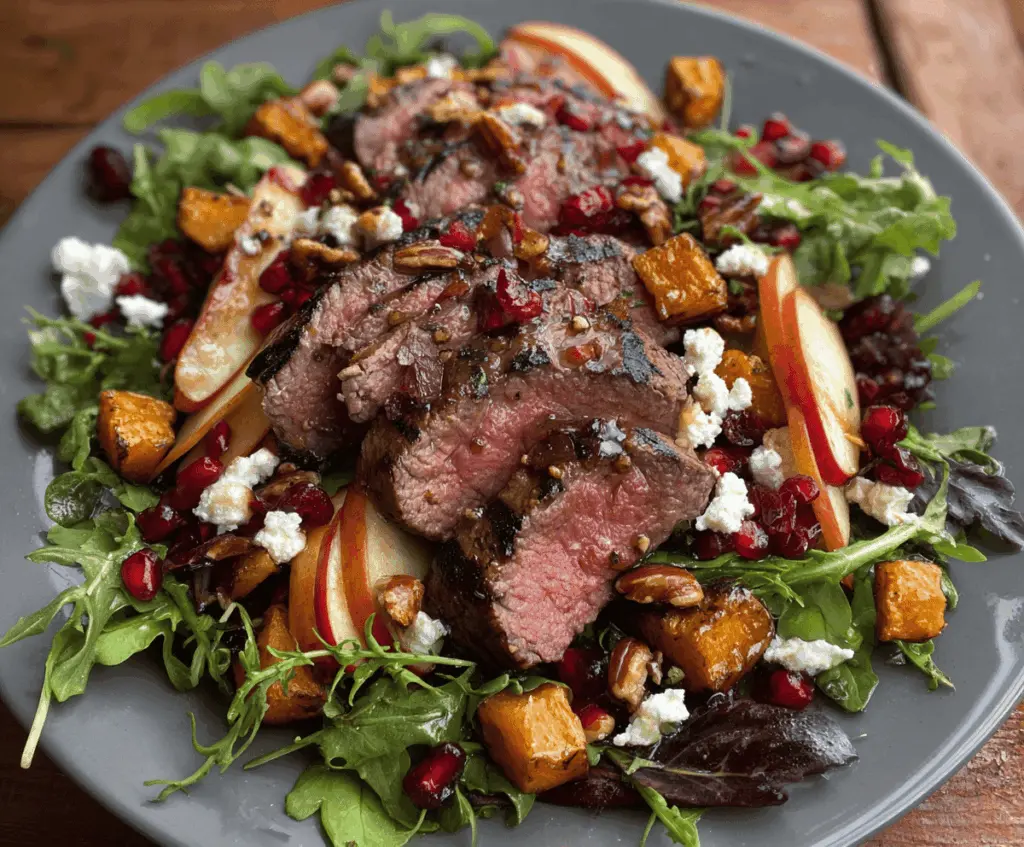 Fresh Fall Harvest Steak Salad featuring grilled steak, mixed greens, roasted squash, cranberries, walnuts, and feta cheese on a vibrant autumn-themed plate.