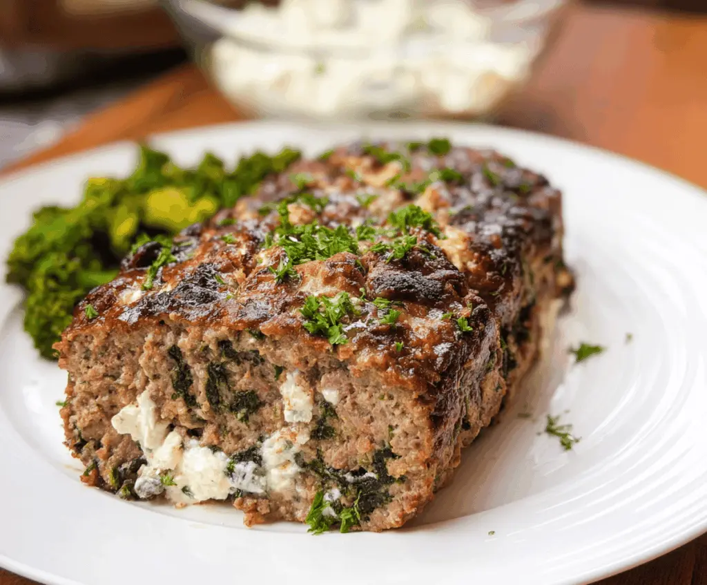 Delicious Greek-Style Keto Meatloaf topped with fresh herbs on a rustic plate.