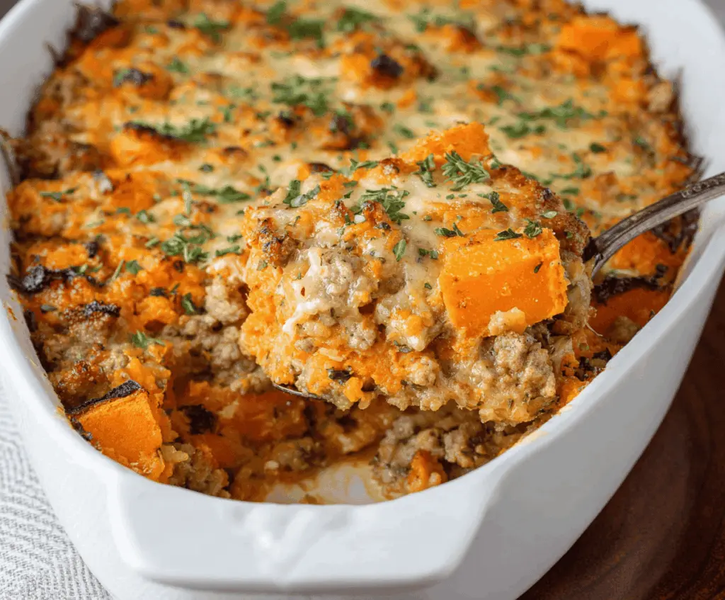 Healthy ground turkey and sweet potato casserole topped with melted cheese, served in a baking dish for a nutritious dinner option.