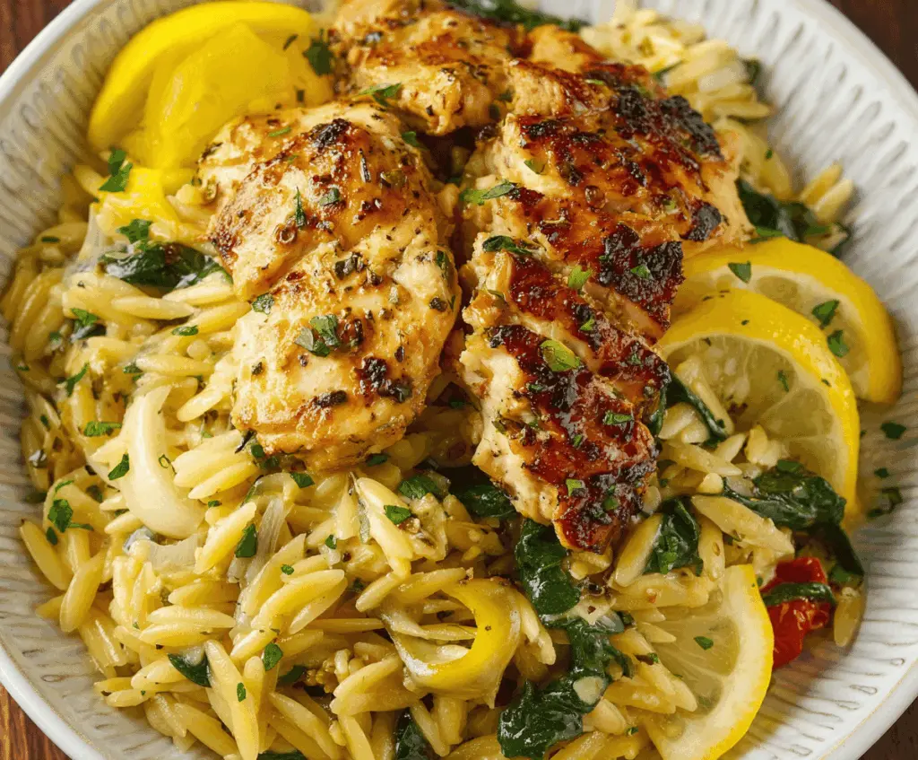 Delicious lemon chicken orzo dish garnished with fresh herbs on a white plate, perfect for a flavorful and comforting meal