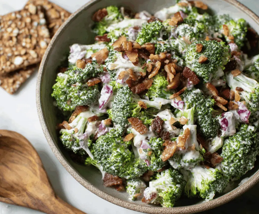 Fresh low-carb broccoli salad with chopped broccoli florets, shredded cheese, and a creamy dressing, perfect for healthy eating.