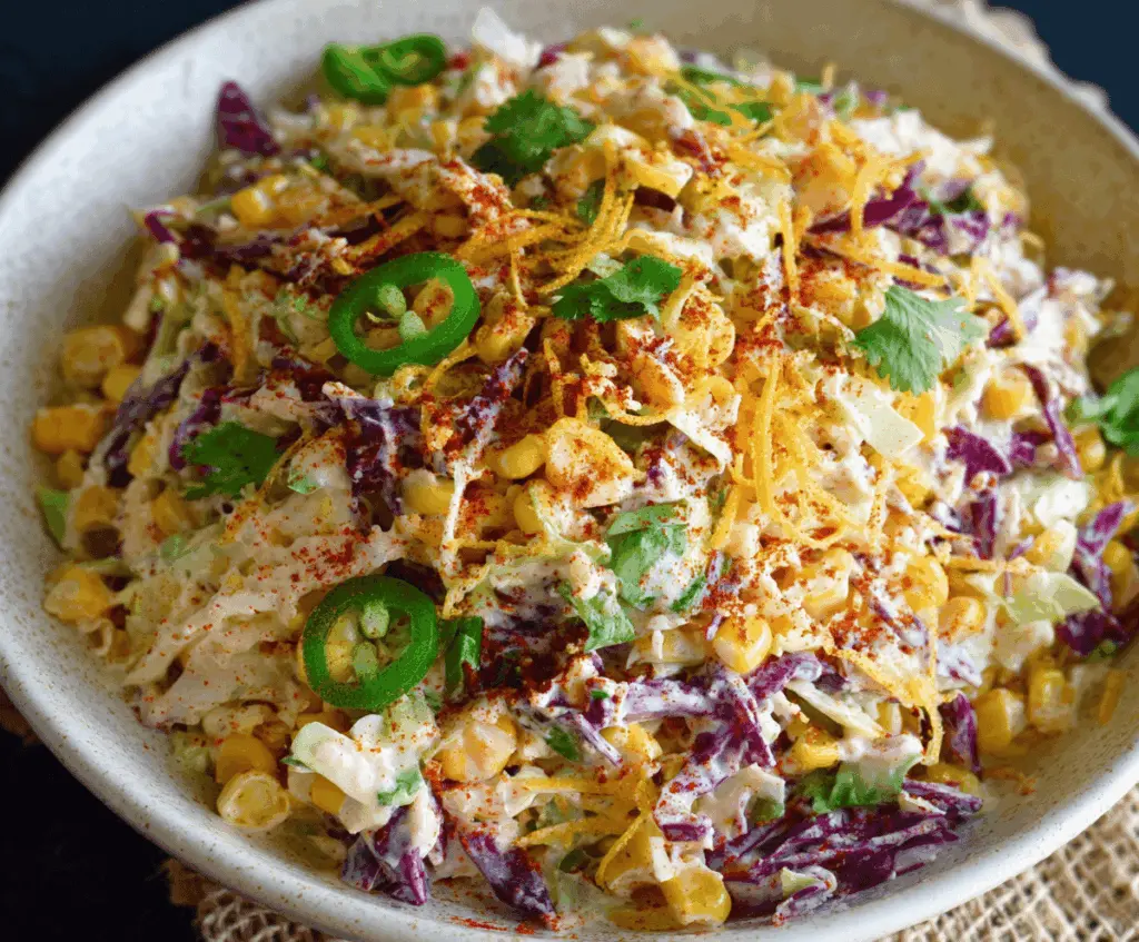 Creamy Mexican Corn Coleslaw with fresh vegetables, cotija cheese, and cilantro, perfect as a flavorful side dish or taco topping.