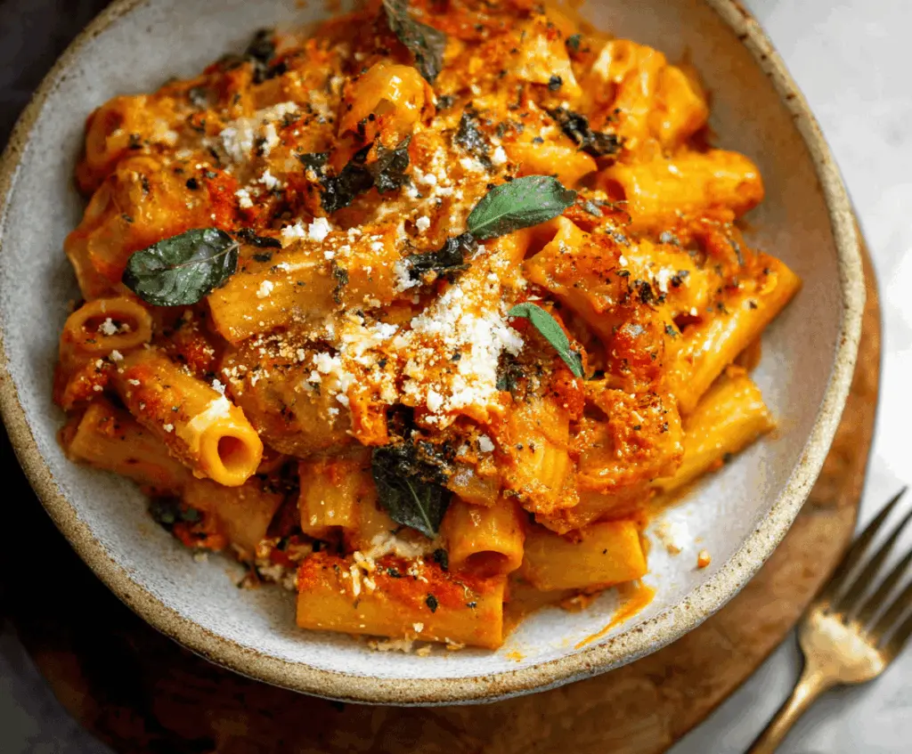 Creamy pasta bake topped with pumpkin and tomato sauce, garnished with fresh herbs, ready to serve