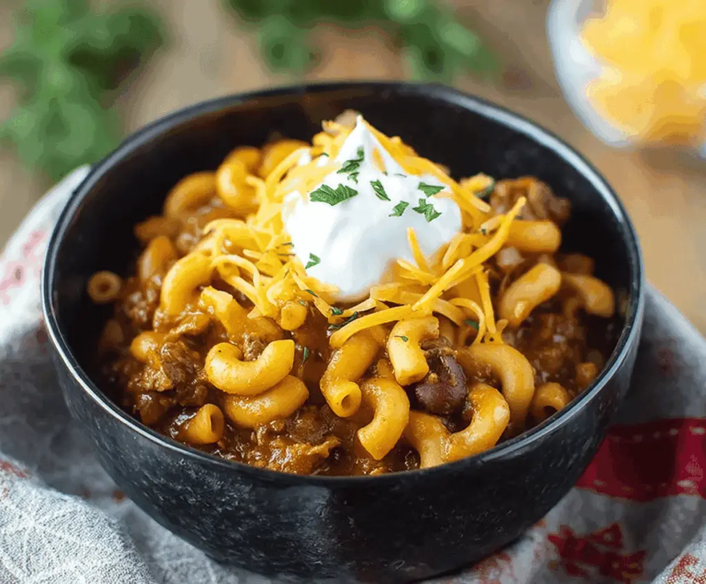 Delicious slow cooker hidden liver chili mac served in a bowl with fresh herbs