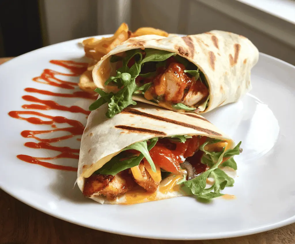 Delicious sweet chili chicken wraps with fresh vegetables and crispy lettuce served on a plate