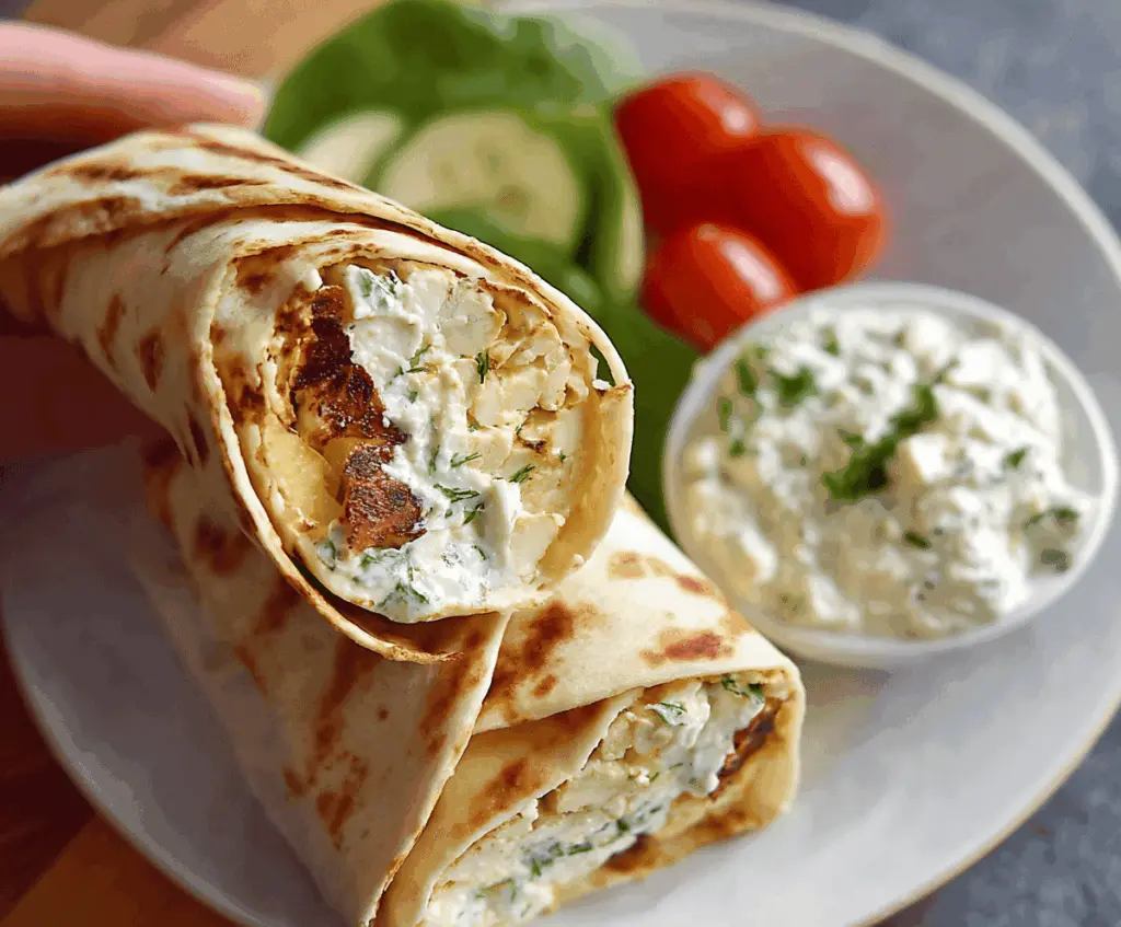 Delicious two-ingredient cottage cheese wraps with fresh vegetables and herbs on a plate, healthy and easy snack option