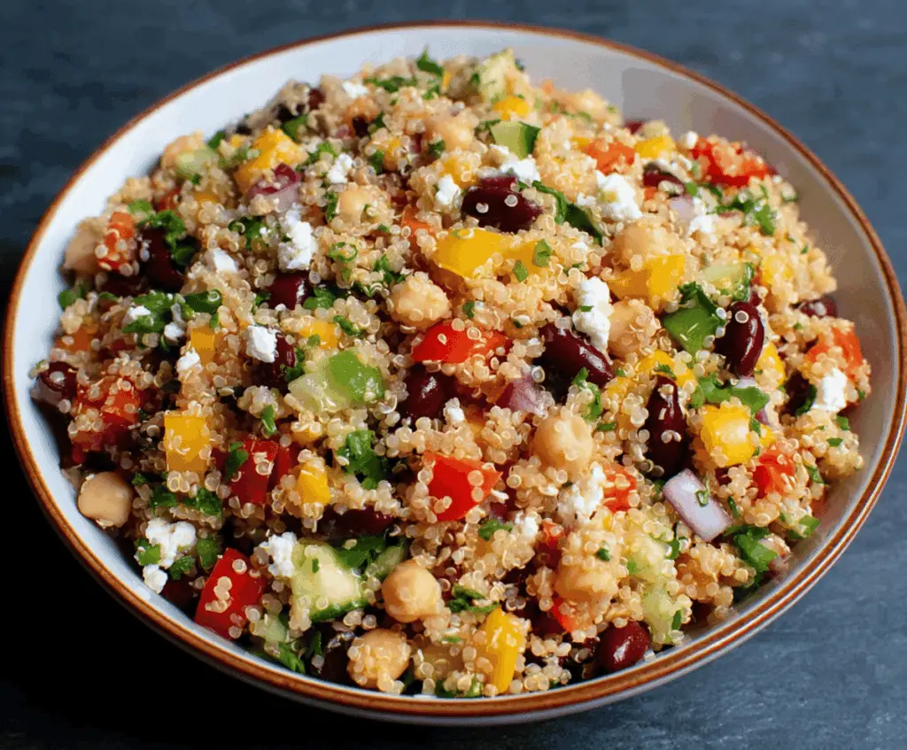 Colorful vegan quinoa salad with cherry tomatoes, cucumbers, red onions, fresh herbs, and a lemon vinaigrette in a bowl