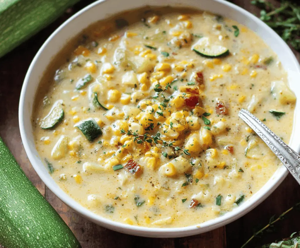 Creamy zucchini corn chowder served in a bowl with fresh herbs, perfect for a warm, comforting meal.