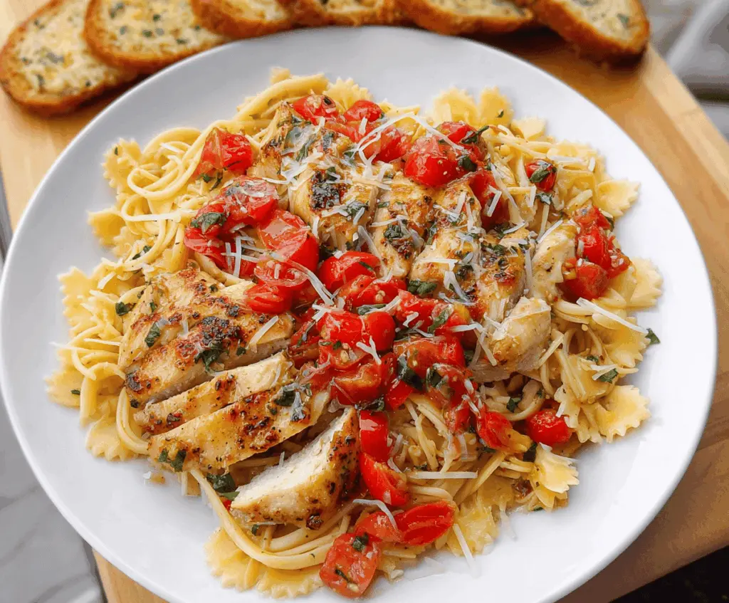 Delicious Bruschetta Chicken Pasta served with fresh basil and cherry tomatoes.