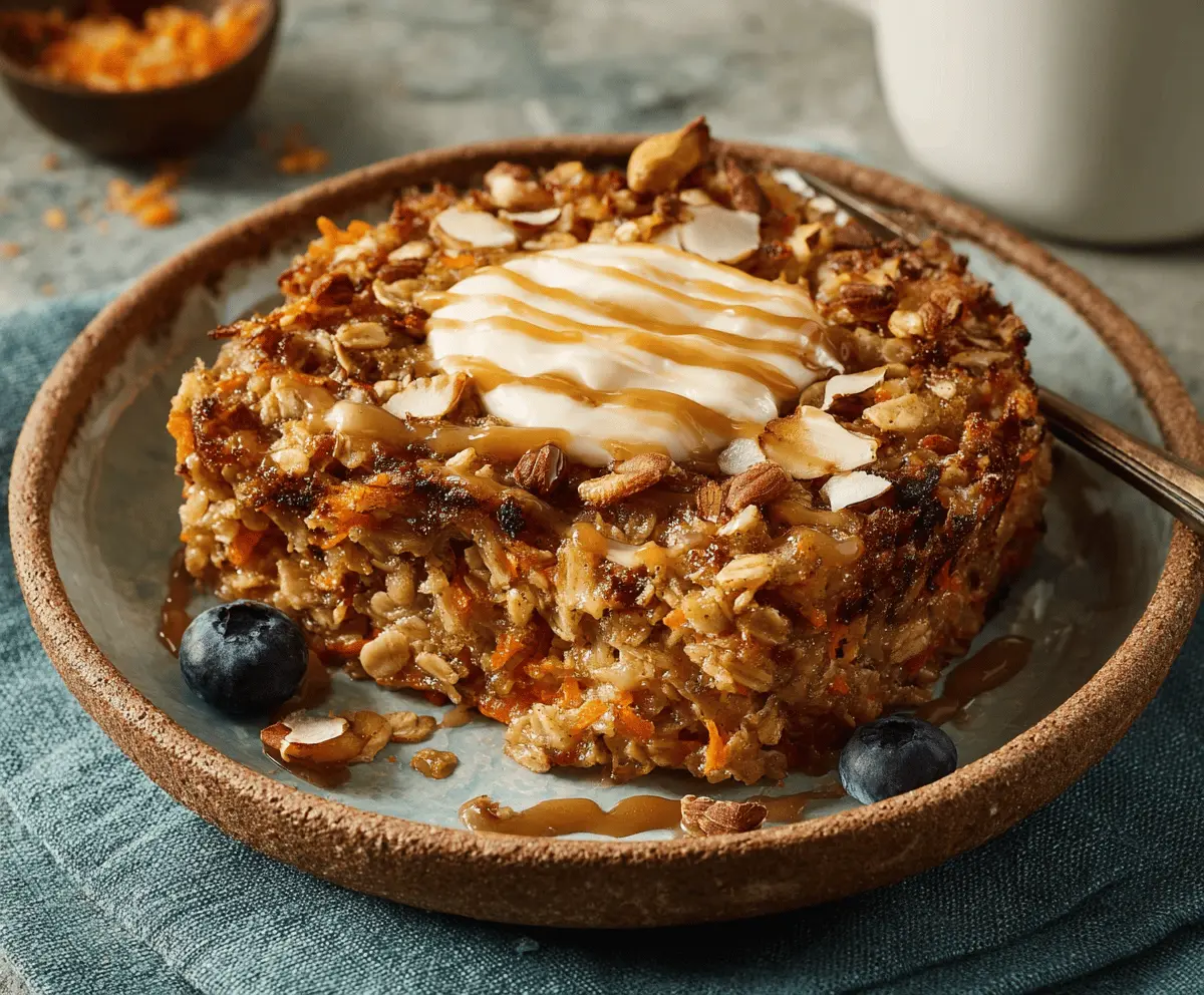 Delicious Carrot Cake Baked Oatmeal with cream cheese frosting and chopped walnuts